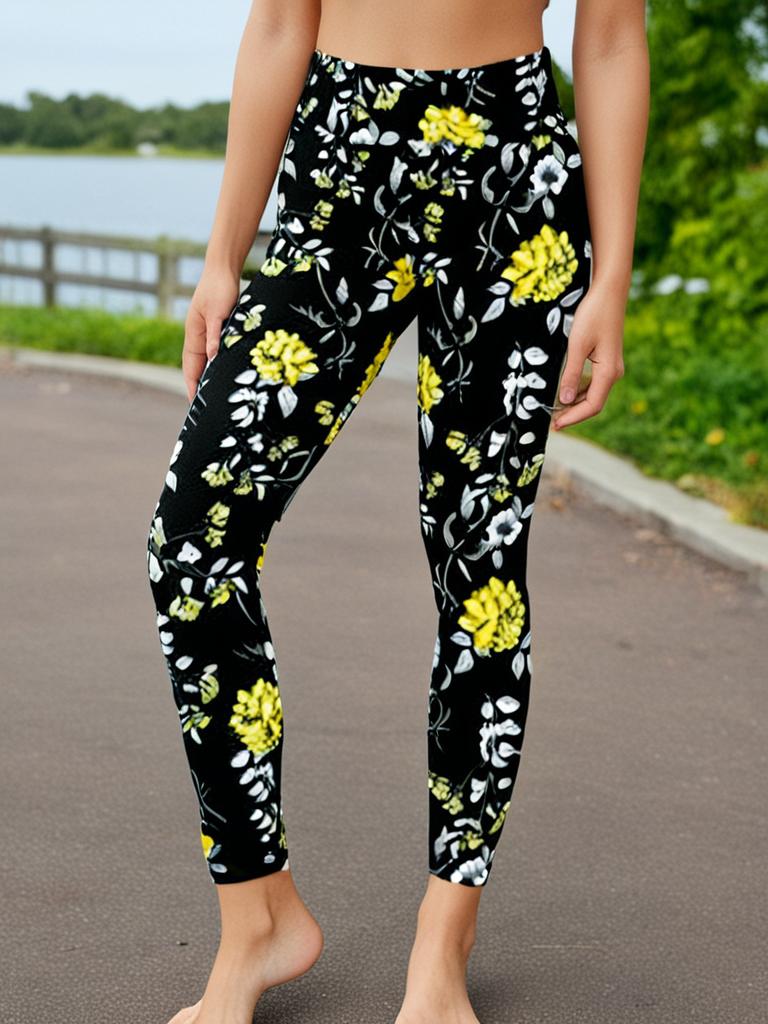 Lularoe Black and Yellow Patch of Flowers Leggings