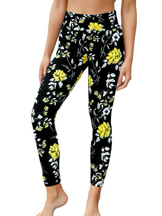 Lularoe Black and Yellow Patch of Flowers Leggings